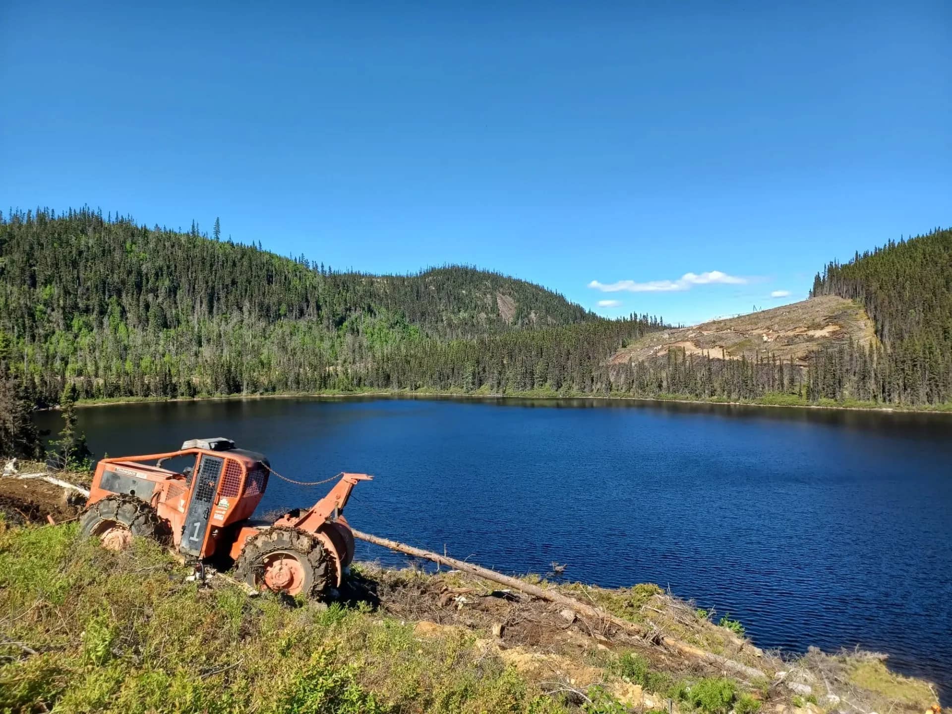 Débusqueuse près d’un lac en forêt